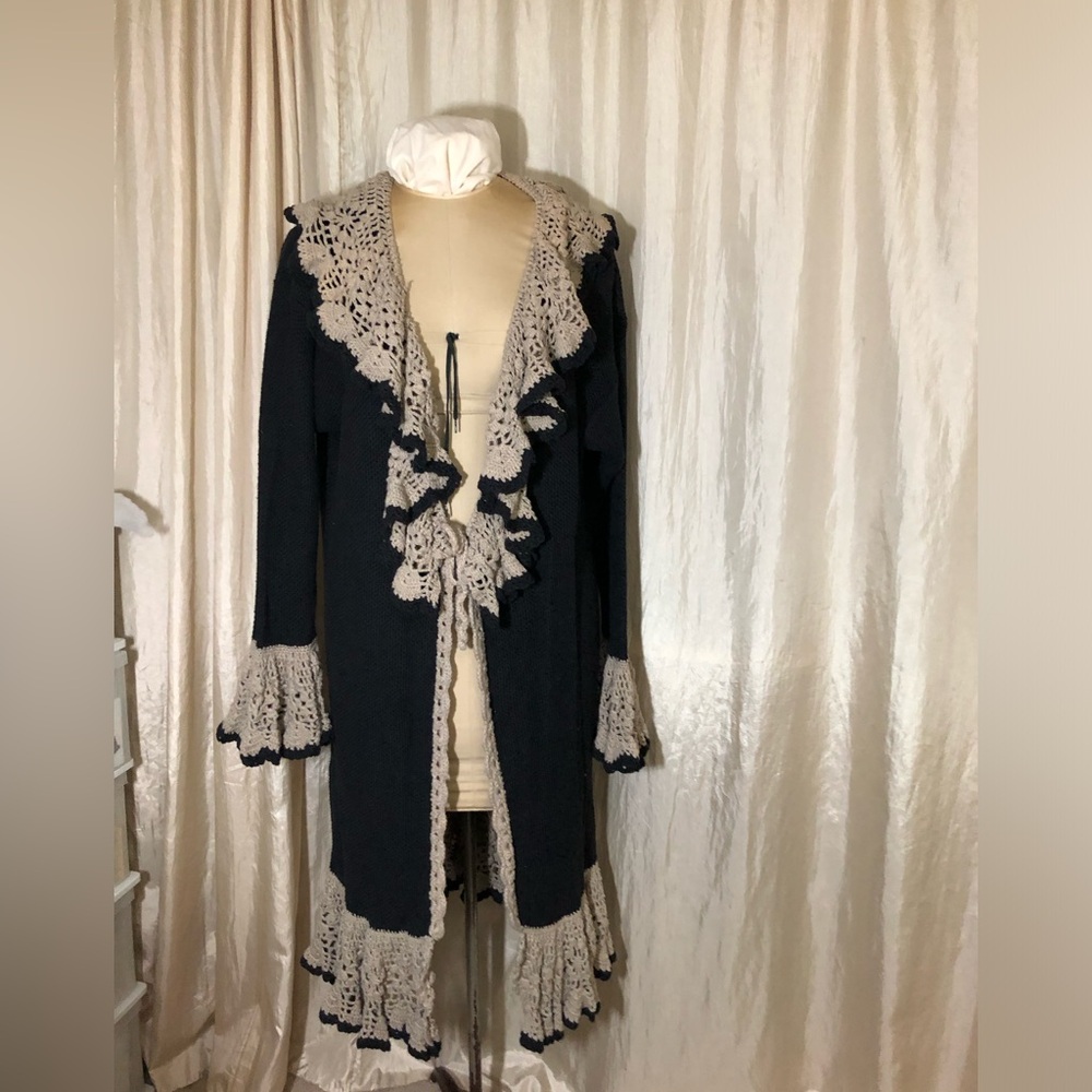 Shell Kepler Lacy Afternoon, ruffle edged crochet Duster sweater black M EUC